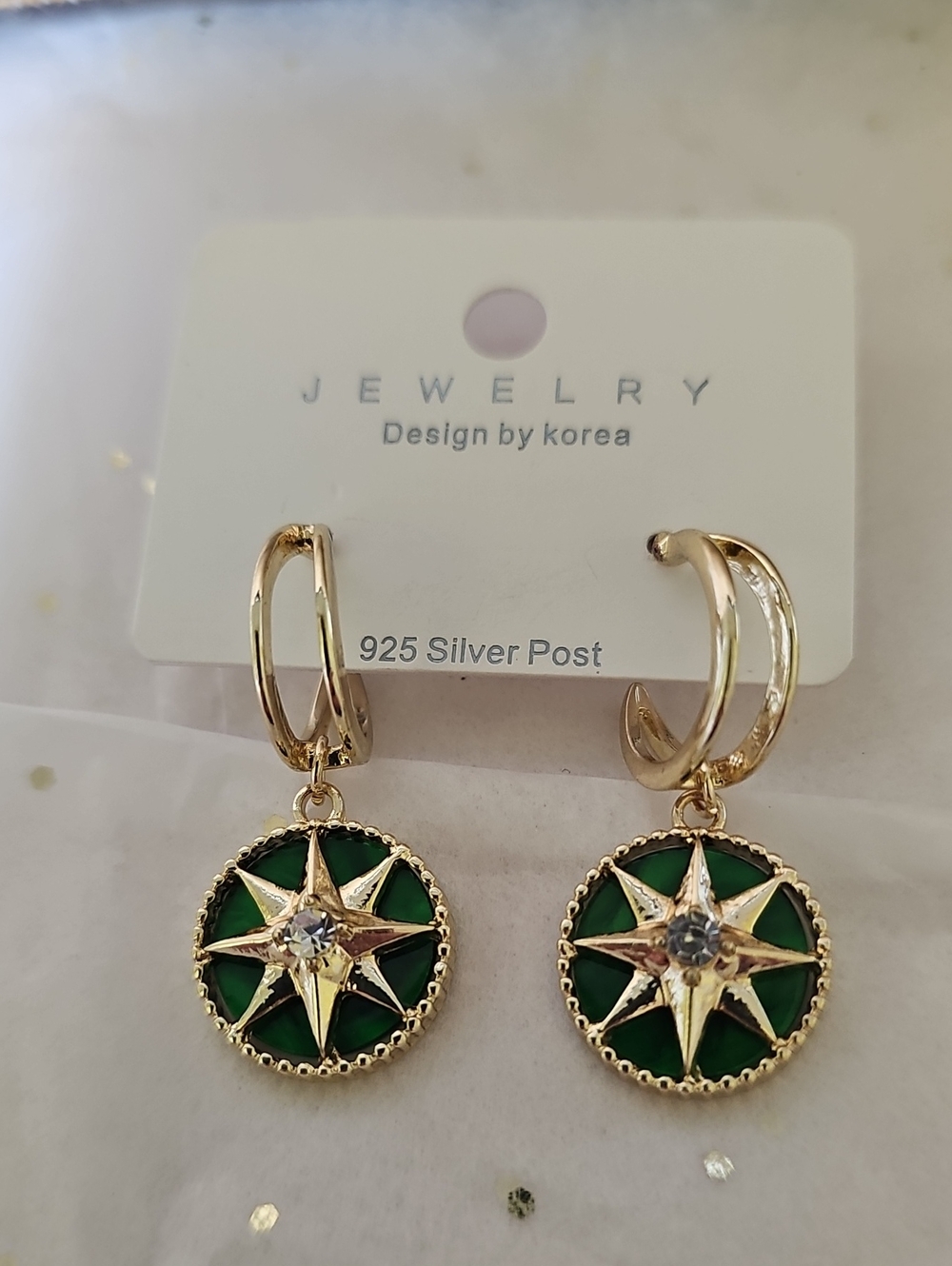 Boutique Green Enamel North Star Huggie Earrings • 925 Silver Post • New